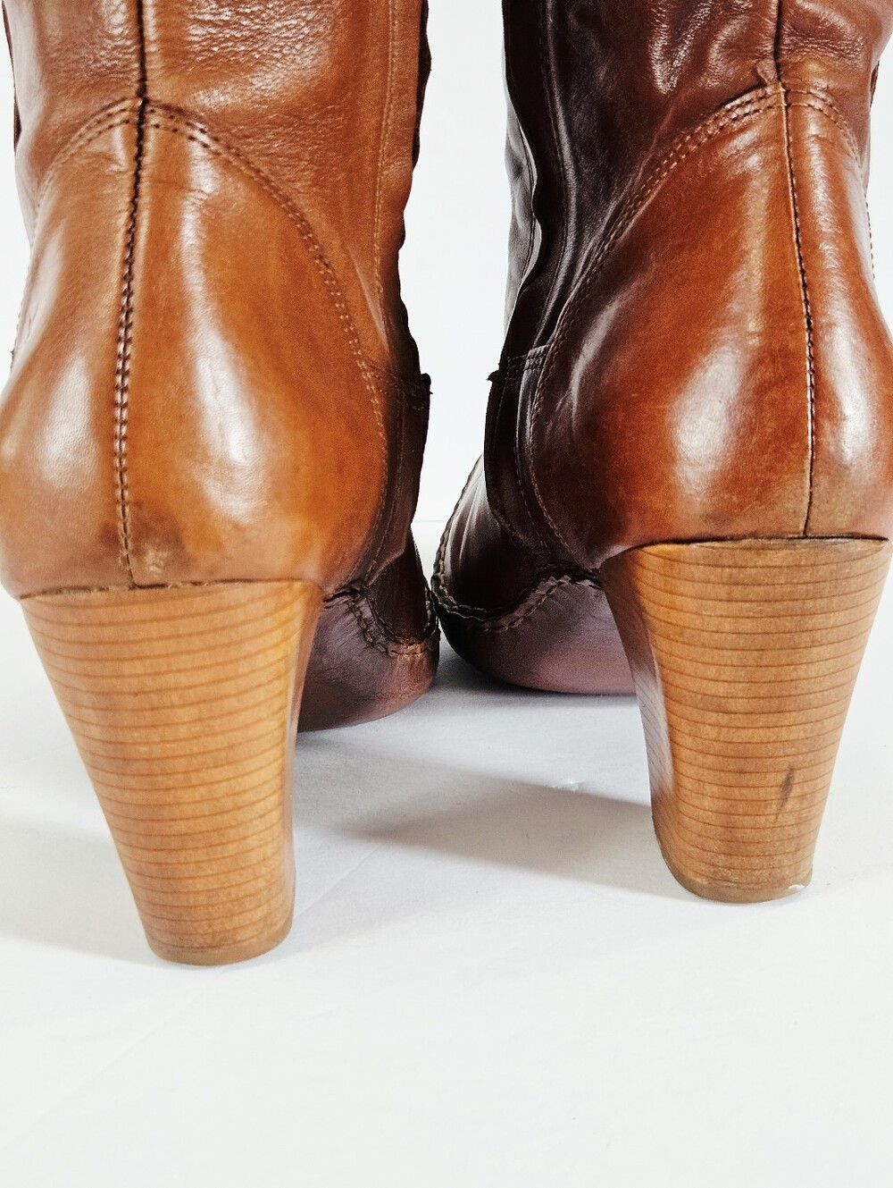 Vintage Frye Phoenix Cognac Brown Leather Stacked Heel Western Cowboy Boots 10 - Picture 11 of 15